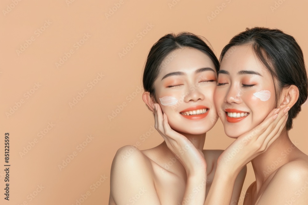 Two Asian woman with beauty face touching healthy skin care on beige background Two Asian woman with beauty face touching healthy skin care on beige background