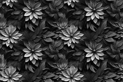 3D floral seamless pattern with black and white theme, ready for full-print pattern design