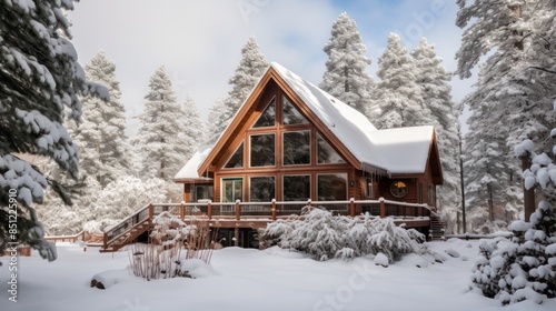 cozy cabin nestled amidst snow-covered pine trees  © CStock