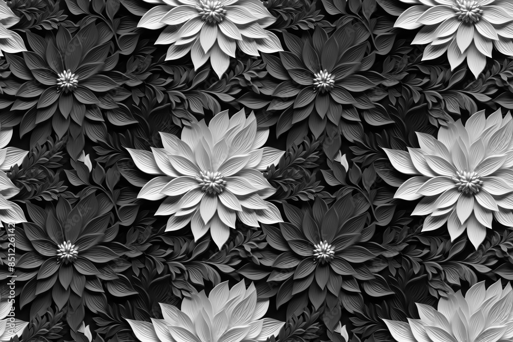 3D floral seamless pattern with black and white theme, ready for full-print pattern design