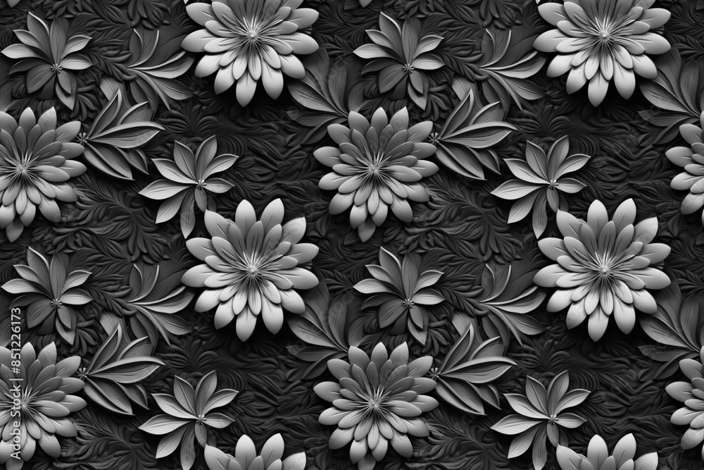 3D floral seamless pattern with black and white theme, ready for full-print pattern design 3D floral seamless pattern with black and white theme, ready for full-print pattern design