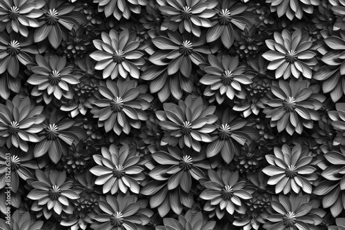 3D floral seamless pattern with black and white theme, ready for full-print pattern design