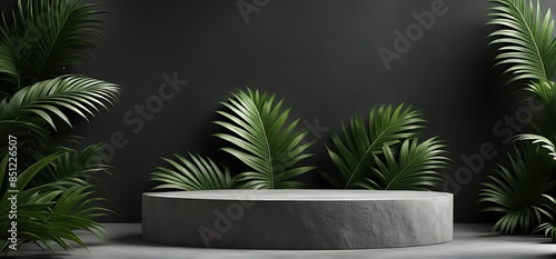 Podium exotic splay concrete Cosmetic 3D beauty dark Jungle Rock template trendy promotion Nature stone product pedestal mockup leaf palm background render Gray set podium dais