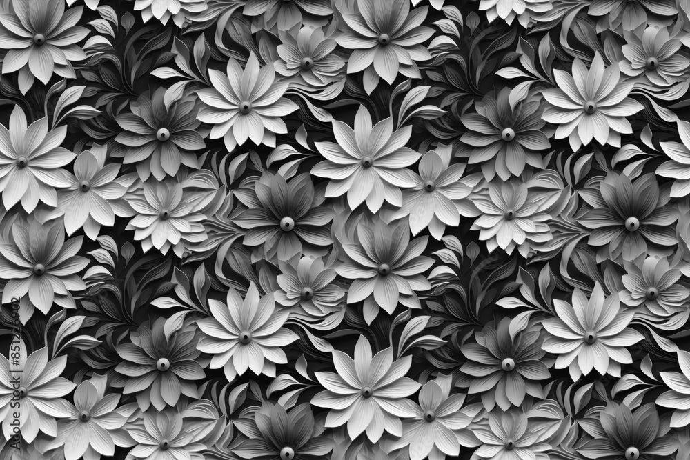 3D floral seamless pattern with black and white theme, ready for full-print pattern design