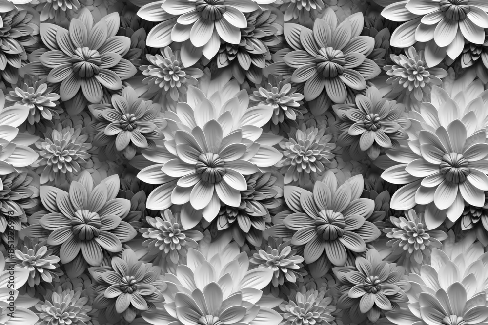 3D floral seamless pattern with black and white theme, ready for full-print pattern design 3D floral seamless pattern with black and white theme, ready for full-print pattern design