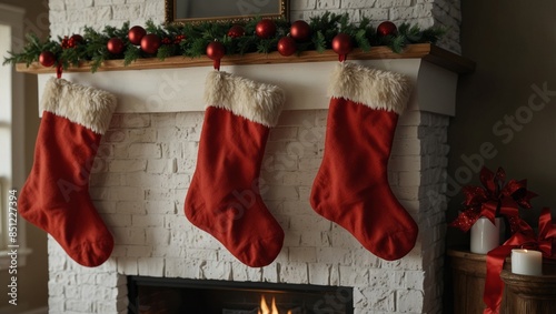 Five red empty Christmas stockings hanging in a line on fireplace mantle. photo