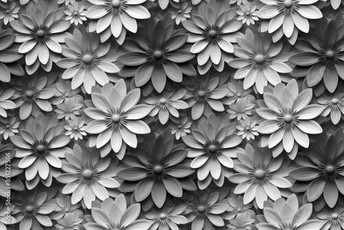 3D floral seamless pattern with black and white theme, ready for full-print pattern design