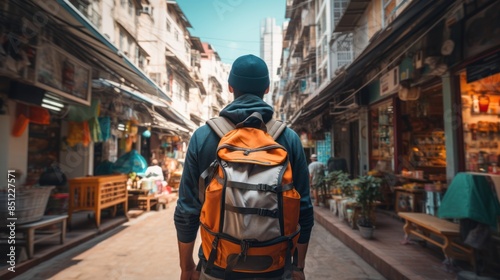 solo traveler backpacking through a bustling city, 