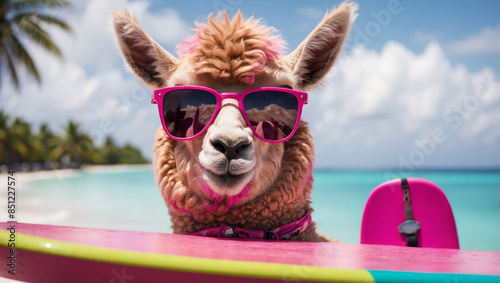 A whimsical scene of a pink alpaca sporting cool sunglasses while balancing on a surfboard, with the tropical backdrop of the Maldives. photo