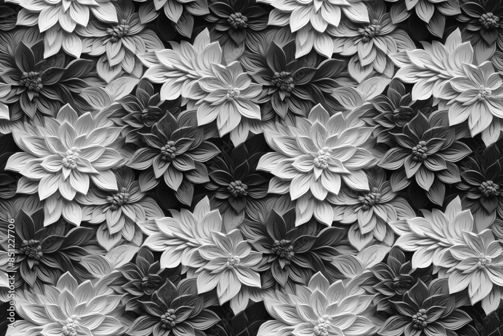 3D floral seamless pattern with black and white theme, ready for full-print pattern design