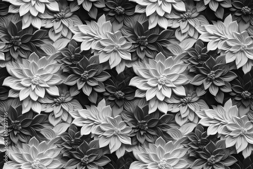 3D floral seamless pattern with black and white theme, ready for full-print pattern design