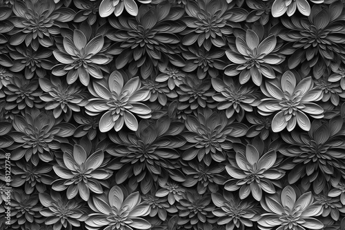 3D floral seamless pattern with black and white theme, ready for full-print pattern design