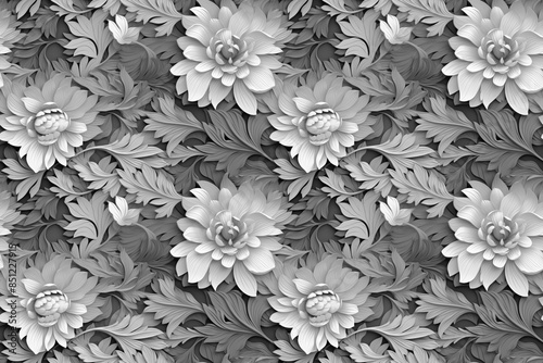 3D floral seamless pattern with black and white theme, ready for full-print pattern design