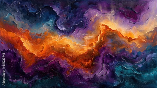 A large-scale abstract painting dominated by swirling patterns of purple, orange, and teal. The expressive brushwork and layered textures create a sense of movement and fluidity, while the rich color