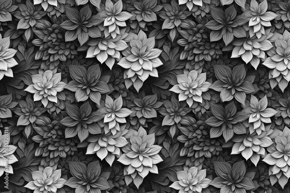 3D floral seamless pattern with black and white theme, ready for full-print pattern design