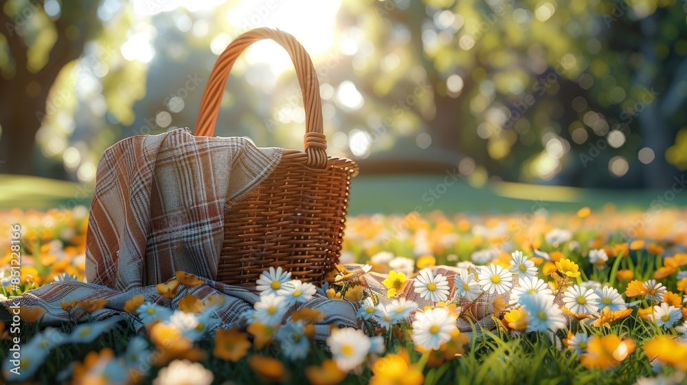Picnic basket and blanket on park grass. Picnic basket and blanket on park grass.