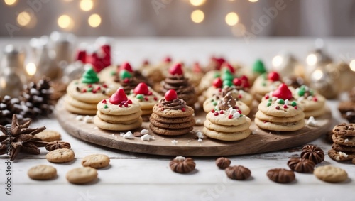 Cute Christmas sweets and cookie table scene Top view over a rustic white wood background Fun holiday baking concept. photo