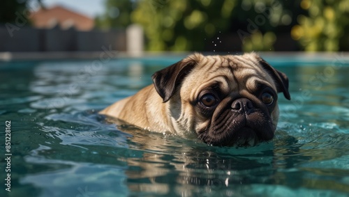 Funny pug dog swimming under water in a summer pool, macro shot.