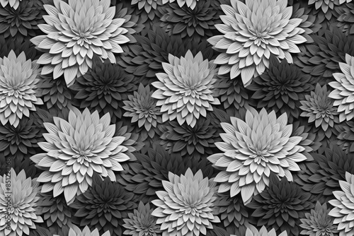 3D floral seamless pattern with black and white theme, ready for full-print pattern design