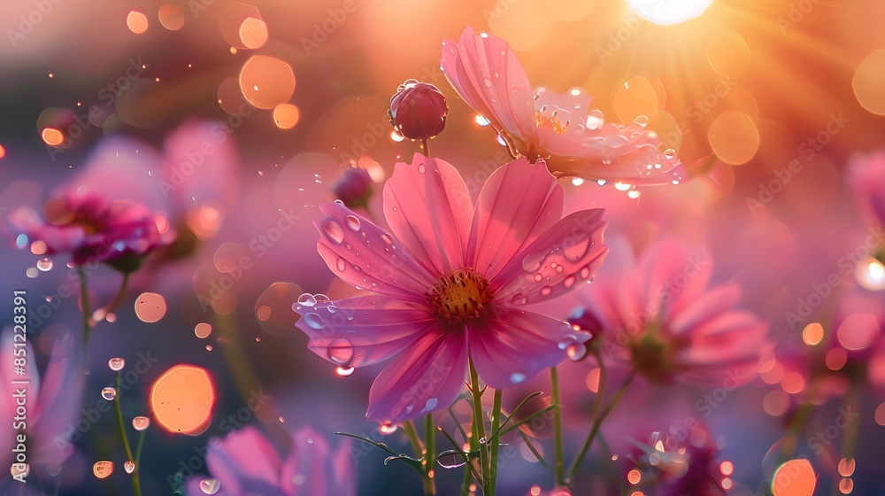Pink Cosmos Flowers with Dewdrops in Sunset Light Pink Cosmos Flowers with Dewdrops in Sunset Light