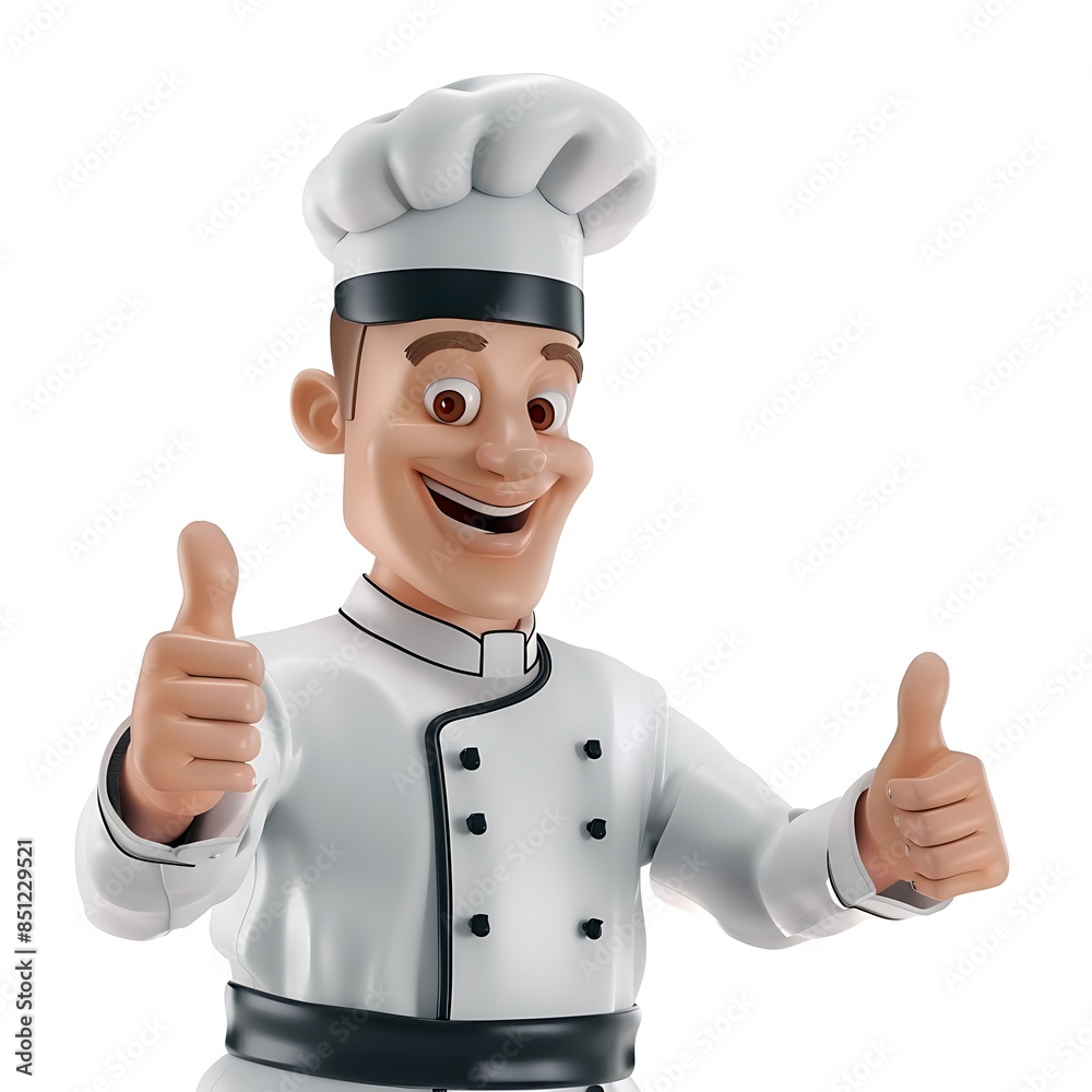 Smiling male chef show thumb up isolated on white background. 3d render character illustration. Smiling male chef show thumb up isolated on white background. 3d render character illustration.