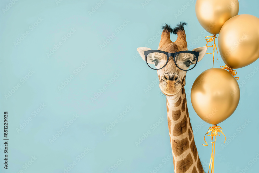 Fototapeta premium giraffe with glasses and balloons Celebrating birthday