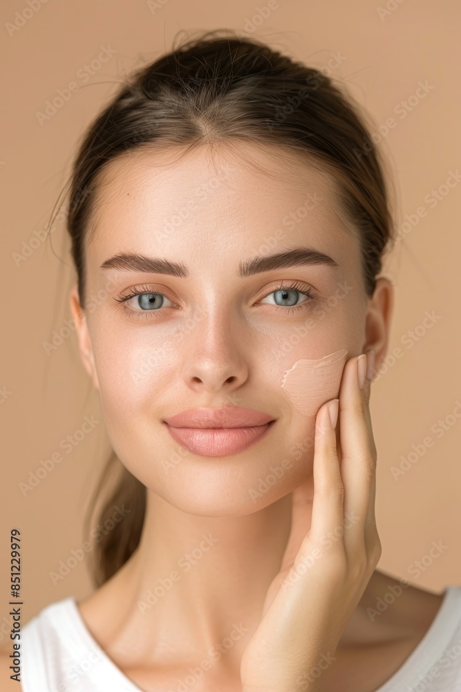 Woman with beautiful face touching healthy facial skin portrait Woman with beautiful face touching healthy facial skin portrait
