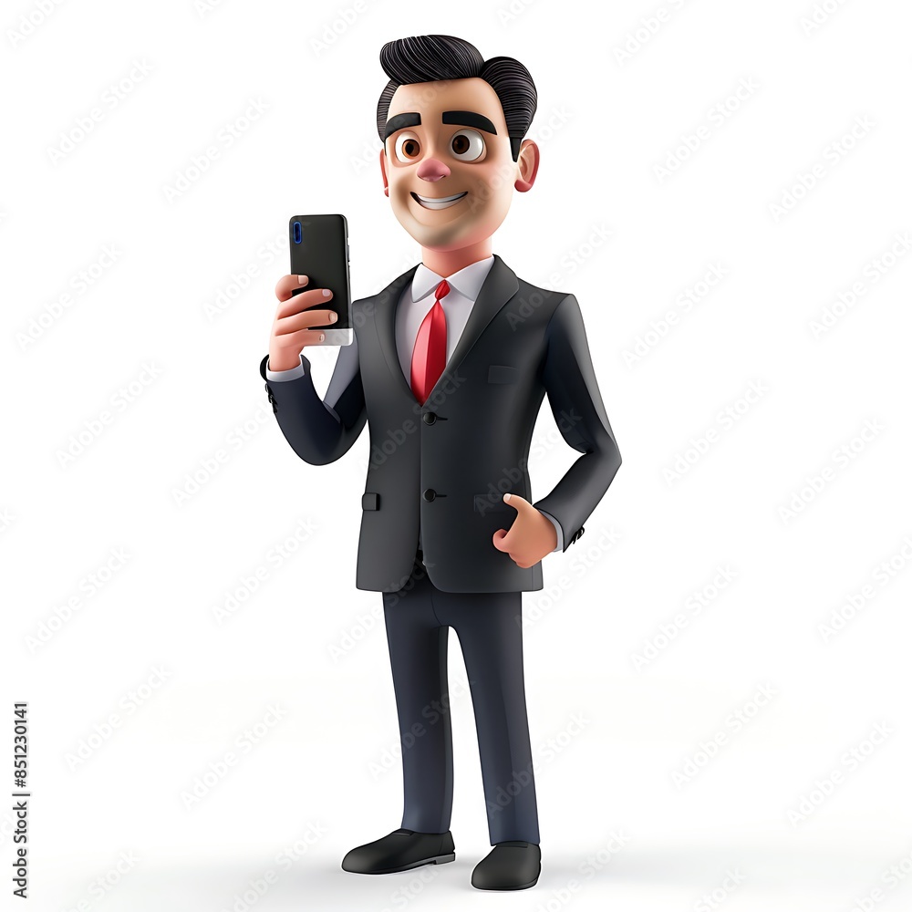 3d render character man in suit holding smartphone isolated on white. 3d render character man in suit holding smartphone isolated on white.