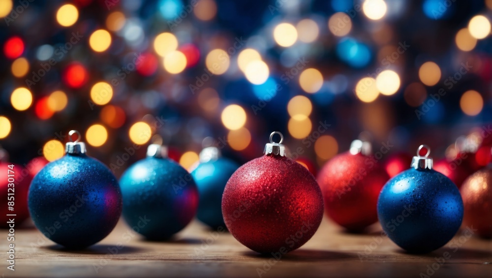 Christmas Background christmas balls and bokeh with blue and red hues Room for text. Christmas Background christmas balls and bokeh with blue and red hues Room for text.