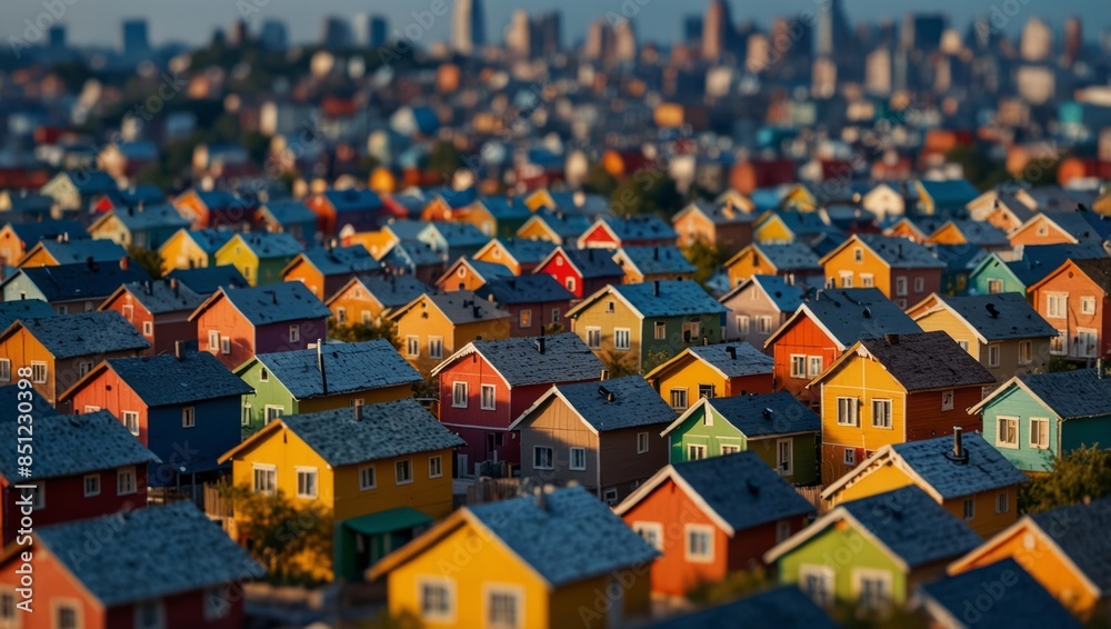 Naklejka premium City background with rows of wooden colorful houses, colorful city banner with top copy space.
