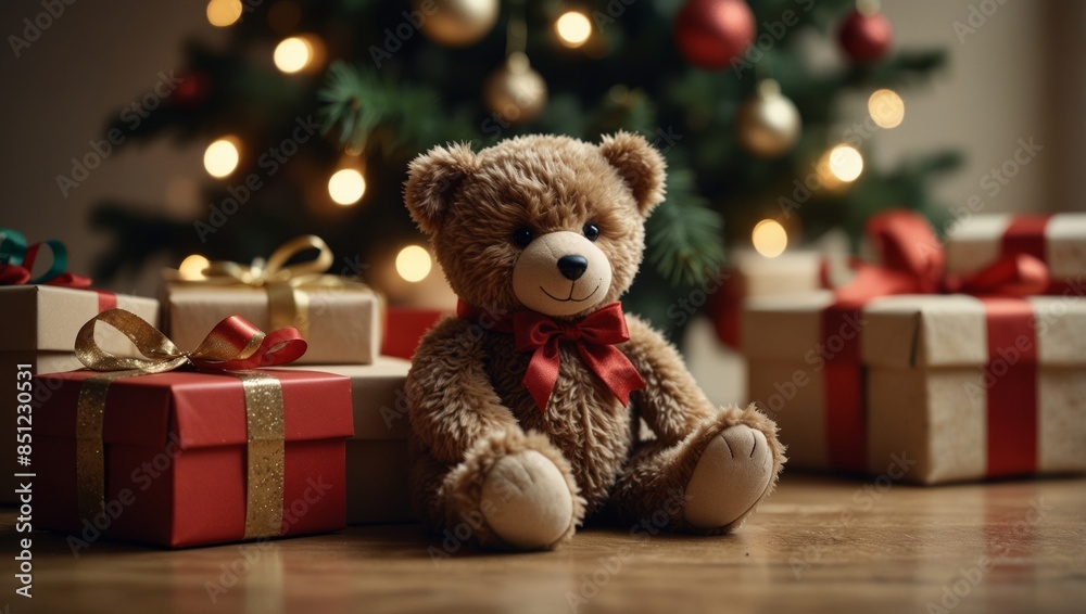 Cute Christmas teddy bear sitting on holidays gift boxes piles under Xmas Tree on shiny warm celebration home background, with copy space. Cute Christmas teddy bear sitting on holidays gift boxes piles under Xmas Tree on shiny warm celebration home background, with copy space.