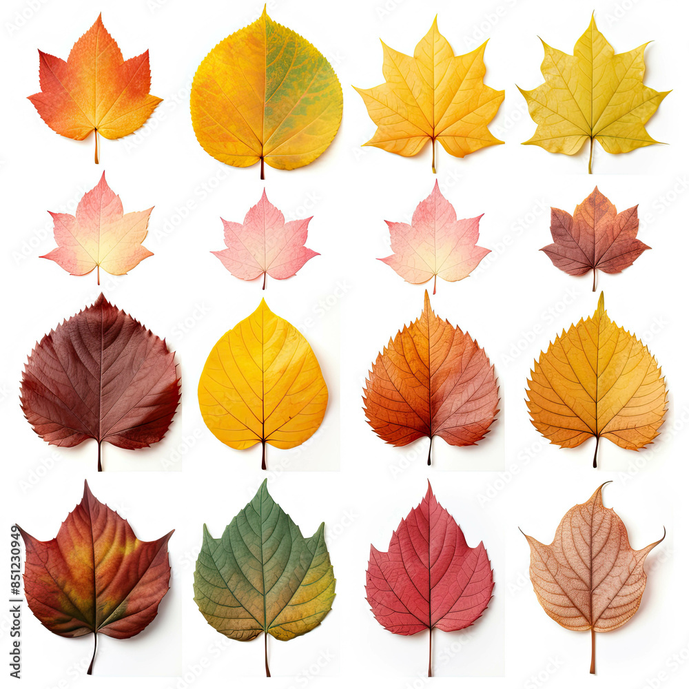 Fototapeta premium Set of autumn leaves on a white background of colors including yellow, orange, and brown leaves