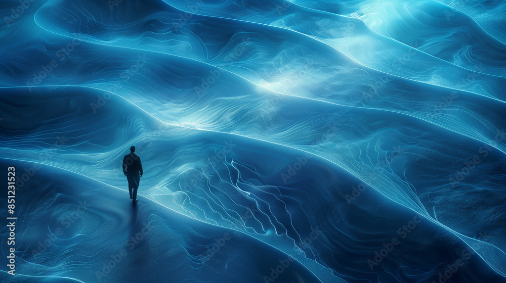 Fototapeta premium Minimalist and Surreal Aerial Illustration of a Man Walking Along a Salt Lake with Fluorescent Spoondrift, Featuring Smooth Curves, Fluorescent Ripples, and High-Quality Detail