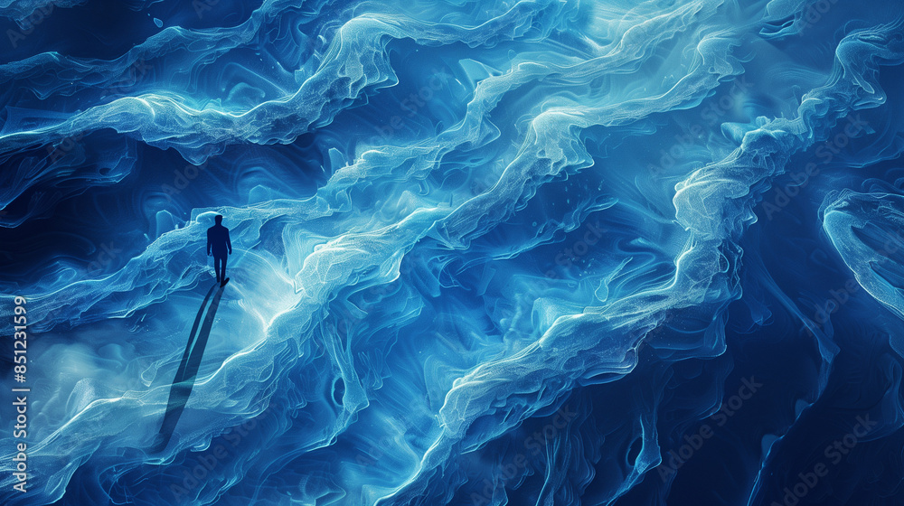 Minimalist and Surreal Aerial Illustration of a Man Walking Along a Salt Lake with Fluorescent Spoondrift, Featuring Smooth Curves, Fluorescent Ripples, and High-Quality Detail Minimalist and Surreal Aerial Illustration of a Man Walking Along a Salt Lake with Fluorescent Spoondrift, Featuring Smooth Curves, Fluorescent Ripples, and High-Quality Detail