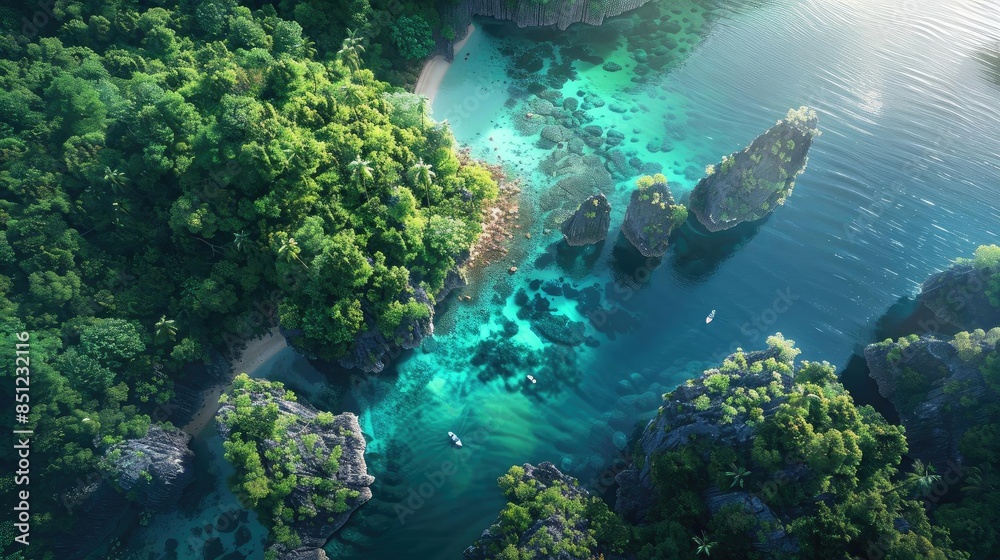 Fototapeta premium Aerial view of a tropical island with lush greenery and turquoise waters, surrounded by rocks and coral reefs, creating a serene coastal paradise.