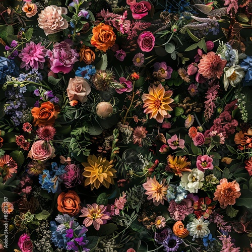 Artistic overhead shot of a sprawling floral bouquet with a variety of fresh flowers, set against a dark background for dramatic effect in design projects--style raw