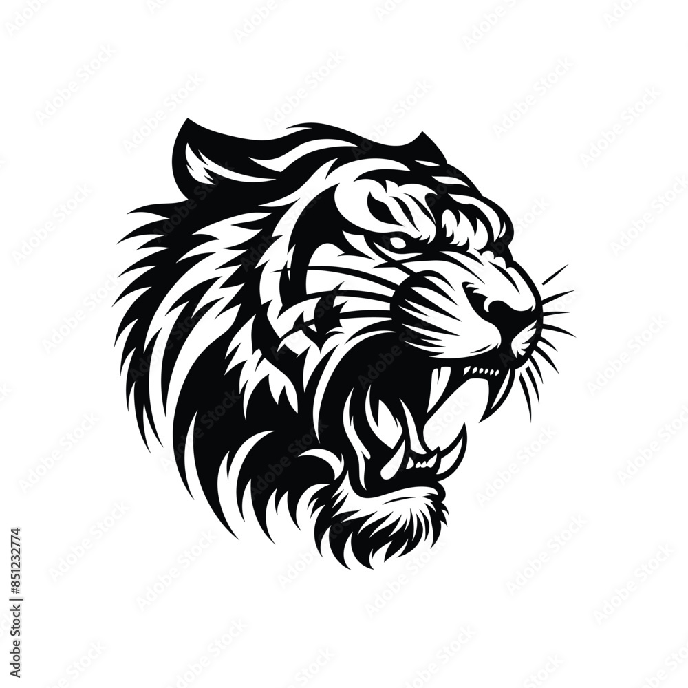 Obraz premium Fierce Tiger Face Vector – Roaring Wild Cat Illustration in Black and White