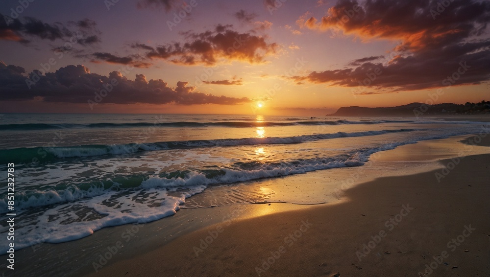 Landscapes:A serene beach scene with gentle waves and a colorful sunset. Landscapes:A serene beach scene with gentle waves and a colorful sunset.