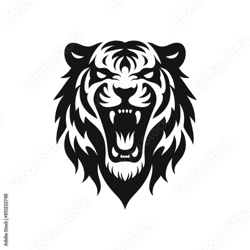 Fierce Tiger Face Vector – Roaring Wild Cat Illustration in Black and White