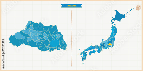 A Map highlighting Saitama in the Japan Map, Saitama and Japan modern map with Colorful Hi detailed Vector, geographical borders