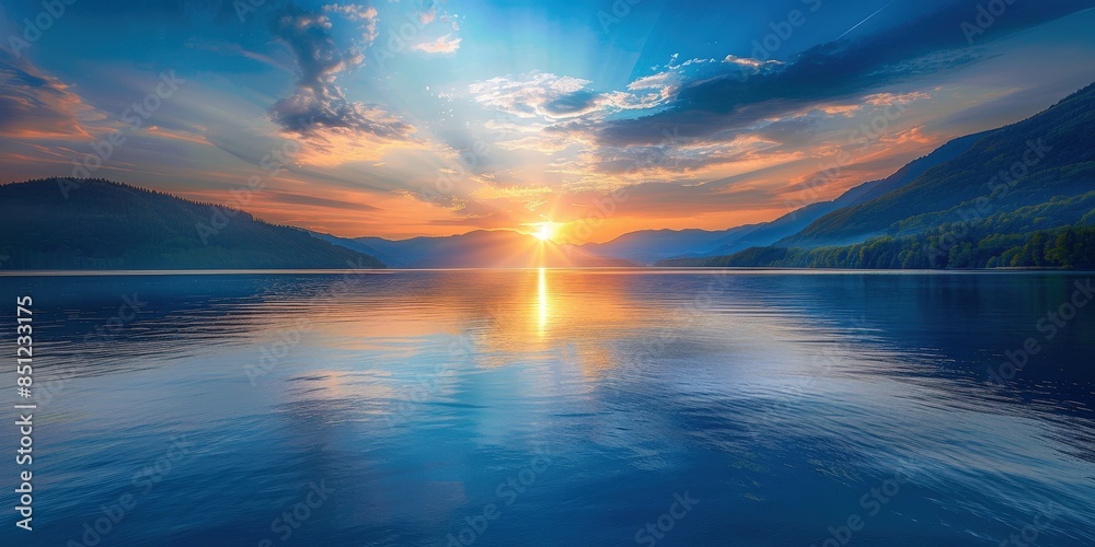Fototapeta premium Sunrise Over Still Lake with Mountains
