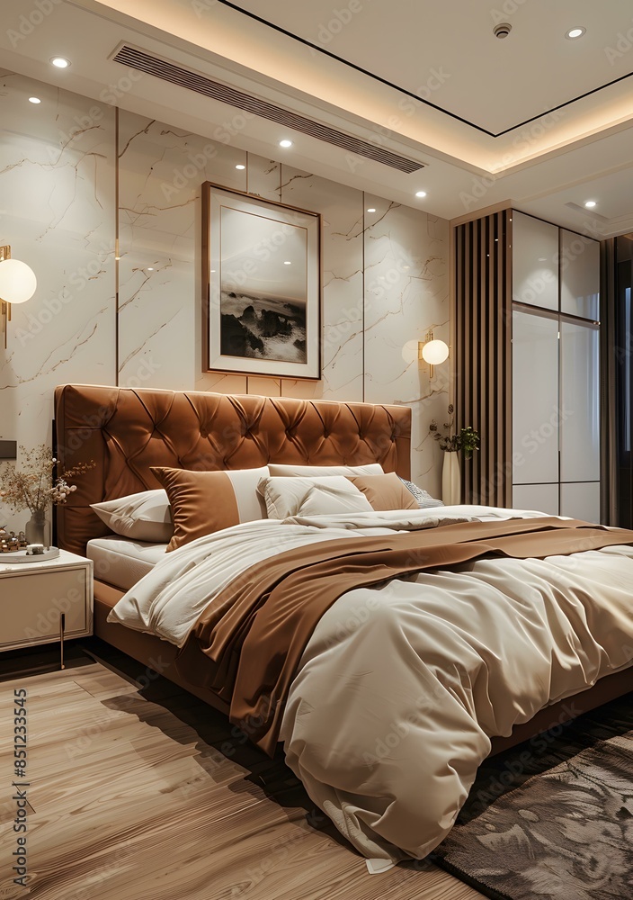 Fototapeta premium A bedroom with a large bed, a marble wall, and a painting