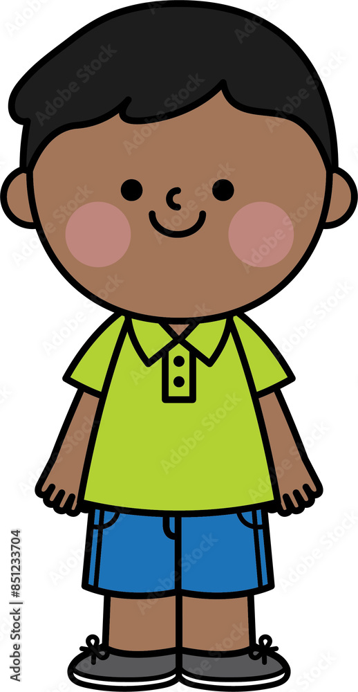 Illustration of a tan boy wearing a green shirt and blue shorts standing and smiling Illustration of a tan boy wearing a green shirt and blue shorts standing and smiling