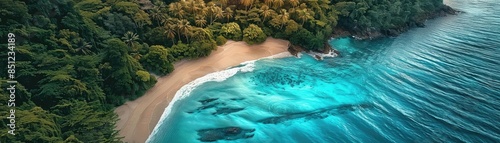 Stunning aerial view of a secluded tropical beach with turquoise waters, lush greenery, and a boat docked on the shore.