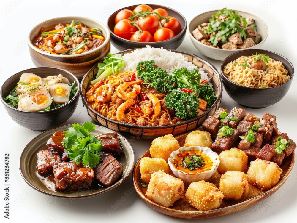 A variety of Asian food is displayed on a table A variety of Asian food is displayed on a table