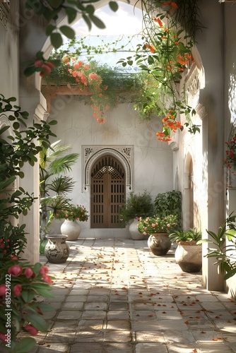 Ornate Doorway in a Floral Courtyard © Adobe Contributor
