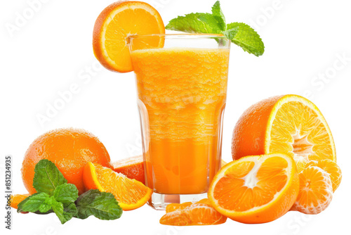 Fototapeta Naklejka Na Ścianę i Meble -  Refreshing image of a glass of orange smoothie mixed with various fruits and garnished with fresh mint leaves. Isolated on a white background
