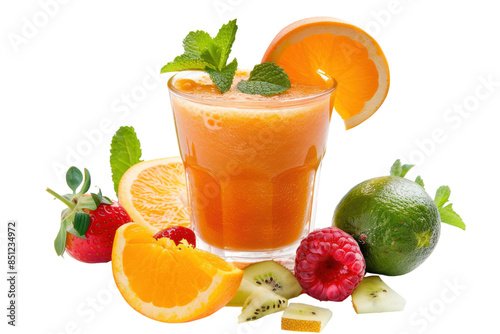 Refreshing image of a glass of orange smoothie mixed with various fruits and garnished with fresh mint leaves. Isolated on a white background