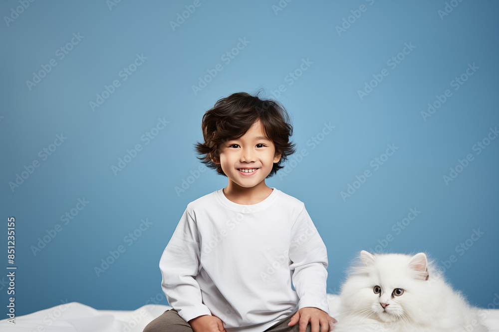 Portrait of an Asian kid wearing a blue outfit on an isolated background with copy space Portrait of an Asian kid wearing a blue outfit on an isolated background with copy space