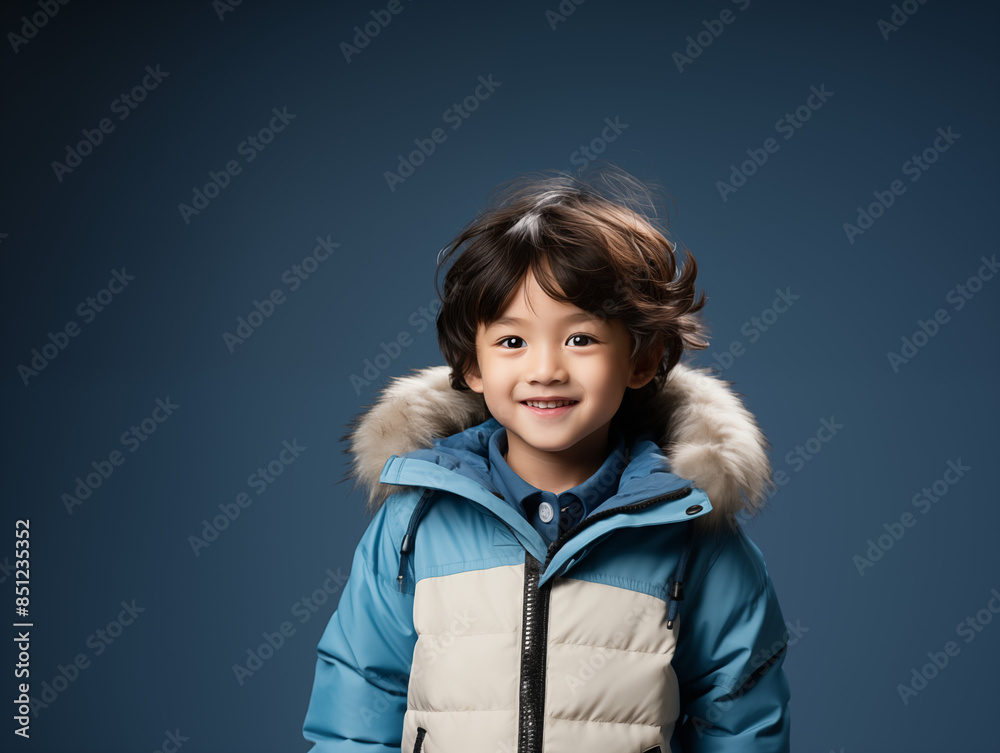 Portrait of an Asian kid wearing a blue outfit on an isolated background with copy space Portrait of an Asian kid wearing a blue outfit on an isolated background with copy space